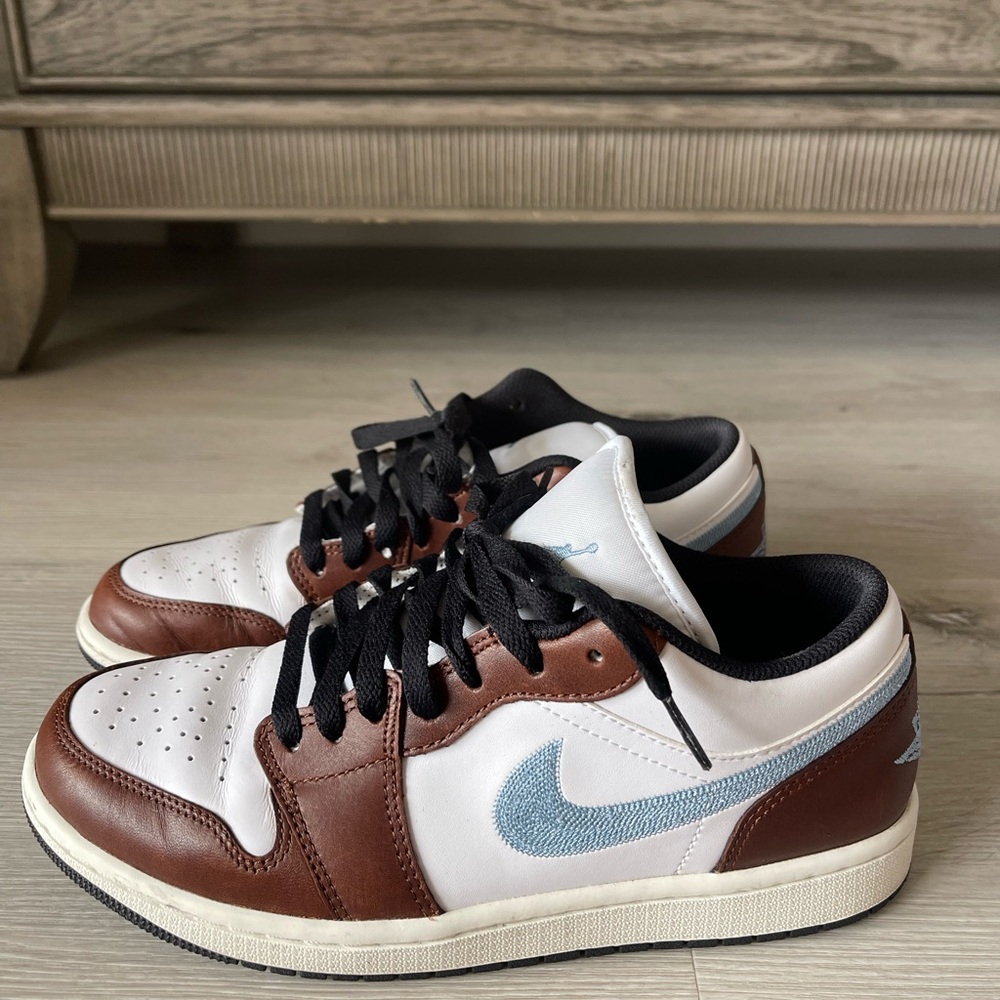 Jordan Brown and White Sneakers with Blue Swoosh